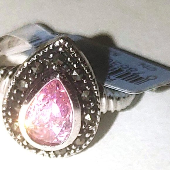 New Old Stock NWT EDCO Ring Band sz 5 Rhodium Marcasite & Pear Cut Topaz - Picture 2 of 16